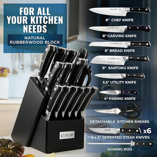 Cutluxe 15-Piece Knife Set – Premium Black Wood Block – Knife Set for Kitchen, Ultra Sharp High Carbon German Stainless Steel, Full Tang – Artisan Series