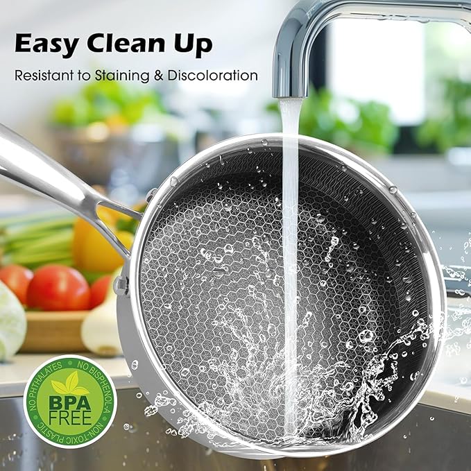 1QT Stainless Steel Saucepan With Lid, Honeycomb Non-stick Cooking Pot, Eco-Friendly PFOA-Free Coating, Compatible with All Cooktops, Perfect for Milk, Soup, Oatmeal & Baby Food, Dishwasher Safe