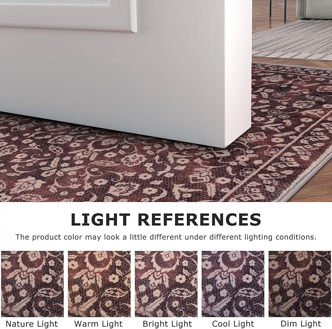 Vintage Entryway Rug Indoor, Deep Burgundy Washable Rug 2x3, Small Area Rug with Non-Slip Backing, Floral Print, Thin Faux Wool Super Soft Door Mat for Kitchen, Entrance, Bedroom, Office