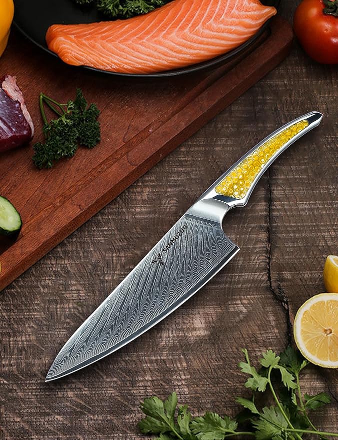8 inch Chef Knife, Japanese VG-10 Damascus Steel Kitchen Knife, Ultra Sharp Cooking Knife with Full-tang Handle in Yellow Resin, LA-S9 Series