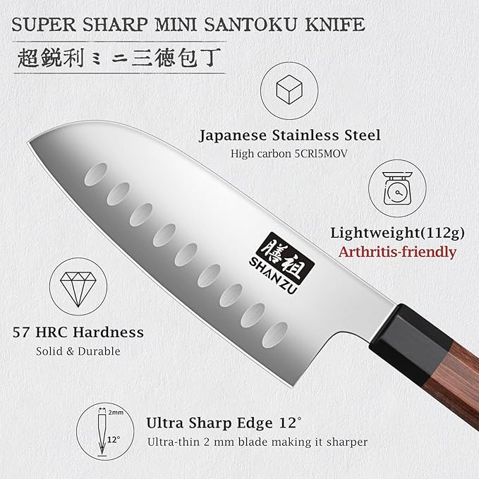 SHAN ZU 5 Inch Santoku Knife for Small Hands, Japanese High Carbon Steel Kitchen Knife, Multi-function Mini Size Sharp Chef Knives with Ergonomic Red Sandalwood Handle, Sashimi Knives