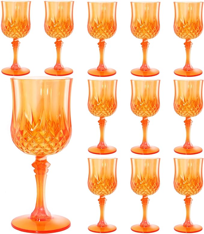 Plastic Wine Glasses,Plastic Goblets Vintage Style Cordial Drinking Glasses for Wedding Reception, Halloween Grand Event Party Supplies (12, Pumpkin orange)