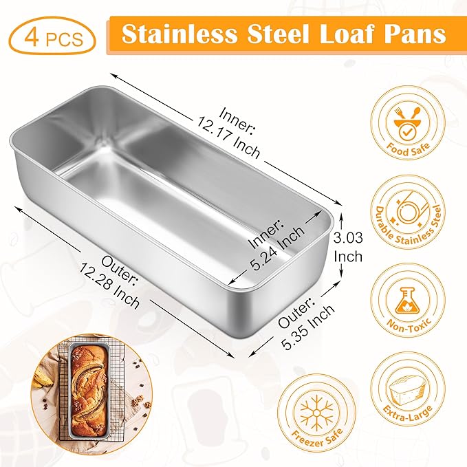 E-far Loaf Pan for Homemade Bread-4 Pack, 12” x 5” Large Stainless Steel Loaf Pans, Long Metal Bread Baking Mold for Banana Cake Meatloaf Sourdough Lasagna, Nontoxic & Dishwasher Safe