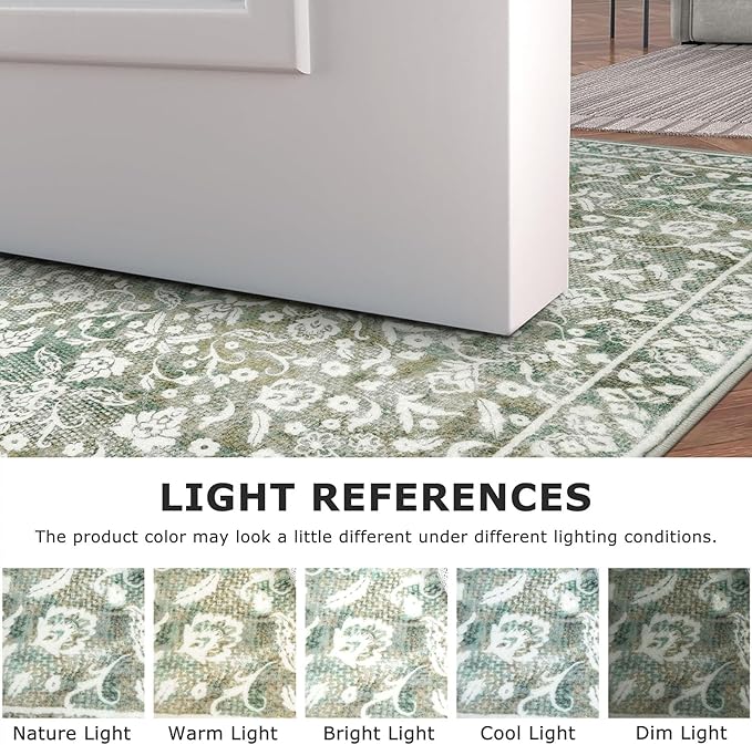 Vintage 2.6x12 Hallway Runner, Sage Green Beige Washable Non-Slip Long Hallway Carpet, Super Soft Kitchen Runner, Print Faux Wool Floral Thin Carpet for Entryway