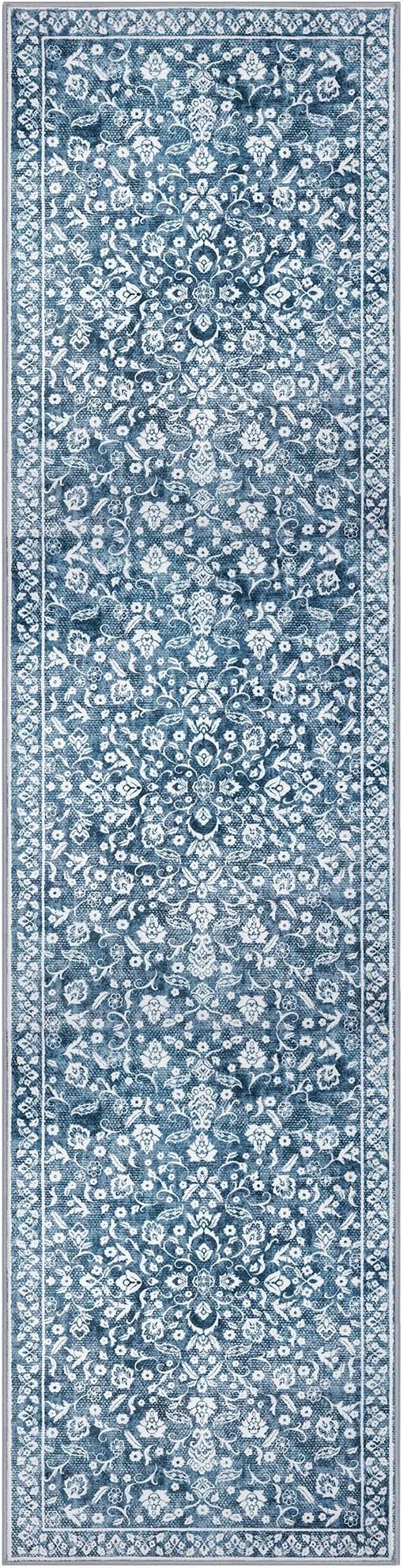 Vintage 2x8 Hallway Runner Rug, Blue and White Washable Rug, Non-Slip Super Soft Kitchen Runner Rug, Print Faux Wool Floral Thin Carpet for Entryway Bedside