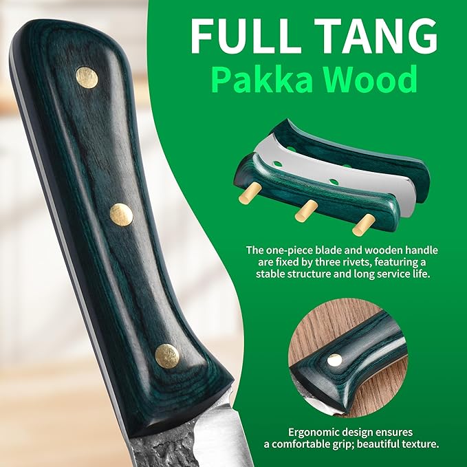 FULLHI Portable 12pcs Butcher Knife Set Green Woodhandle with Knife Bag Hand Forged Chef Boning Knife High Carbon Steel Viking for Kitchen, Camping, BBQ