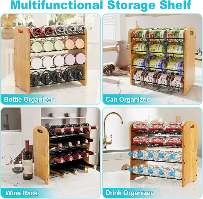 4 Tier Water Bottle Organizer, Stackable Bamboo Water Bottle Holder, Water Bottle Storage Rack Tumbler Travel Mug Cup Organizer for Kitchen Cabinet Countertop Pantry (Black)
