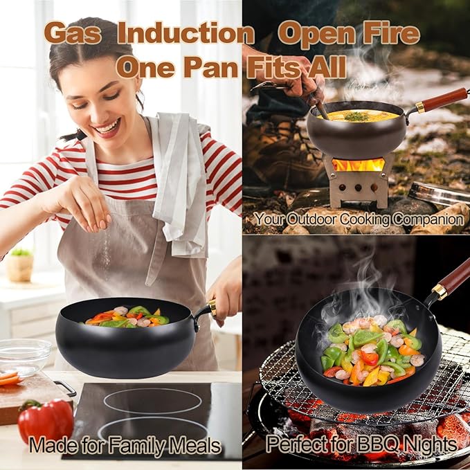 Suntuup Japanese Iron Pan, Uncoated Thick Iron Pot, Hand-Forged Non-Stick Stir Fry Pans Without Chemical Coating, Durable Rust-Free Flat Bottom Pan
