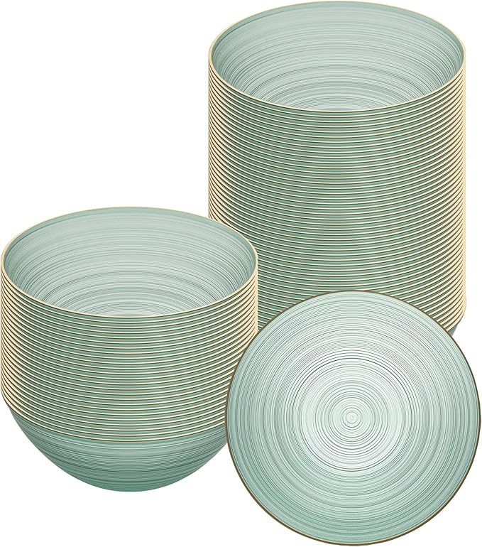 Restaurantware Plastic Bowls 100 Pcs 16 oz Gold Rimmed Disposable Soup Bowls Heavy-Duty Green Translucent Rippled Dinnerware Containers for Party, Desserts, Salads, Snacks, and Catering