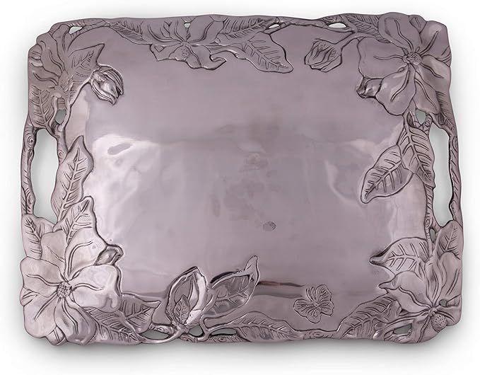 Arthur Court Designs Aluminum Magnolia Clutch Breakfast & Dinner Serving for Drinks Snack Fruits, Food Coffee Table Storage Tray for Home Decoration 18.5 inch x 13.75 inch