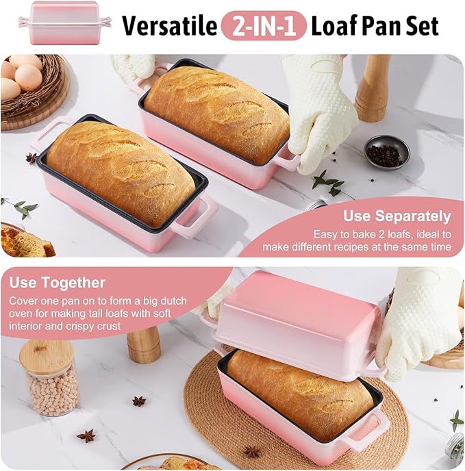 P&P CHEF 2 In 1 Enameled Cast Iron Loaf Pan with Lid, 9 x 5 Inch Bread Loaf Pans for Baking Homemade Sourdough Bread, Meatloaf, Toast, Cake, Nonstick & Healthy & Sturdy, 2 Piece Set - Pink