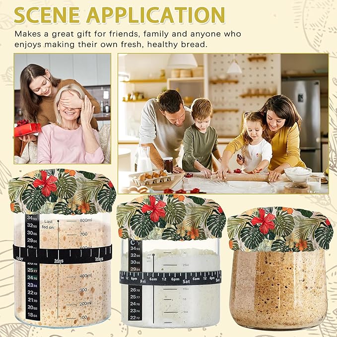 Sourdough Starter Jar Covers,5-Pack Reusable Tropical Plants and Hibiscus Flowers Cloth Lids for 3-4 Inch Jars,Ideal for Kombucha Kefir or Cheese Fermentation