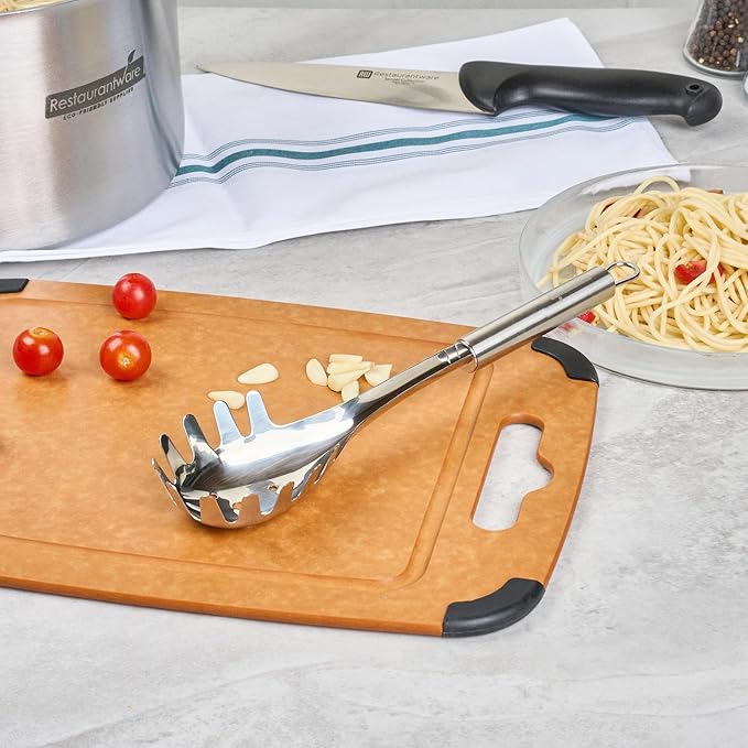 Restaurantware-German Standard 12.5 Inch Slotted Pasta Spoons, 6 Pasta Forks With Ergonomic Handle - Dishwashable, Durable, Stainless Steel Noodle Servers, Ideal For Draining or Serving