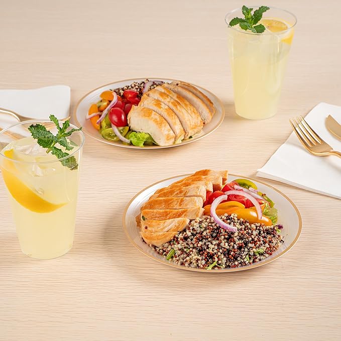 Restaurantware Plastic Plates 20 Pcs 7.25" Gold Rimmed Disposable Plates Heavy-Duty White Translucent Rippled Plastic Dinner Servers for Party, Weddings, Salads, Desserts, and Appetizers