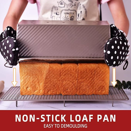 SUNCITY Aluminized Steel Pullman Loaf Pan With Lid, 2.2 lb Nonstick Loaf Pan for Baking Bread, Yeast Breads, Pound Cakes, Meat Loafs (Gold)