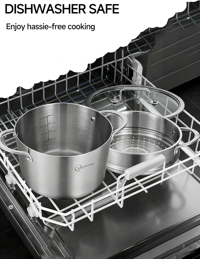 LOLYKITCH Tri-ply Stainless Steel 5 QT Stock Pot with Steamer,Induction Cooking Pot,Pots and Pans,Heavy Duty,Dishwasher and Oven Safe.