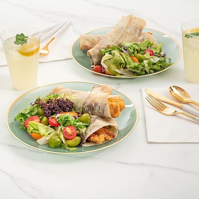 Restaurantware Plastic Plates 20 Pcs 10" Gold Rimmed Disposable Plates Heavy-Duty Green Translucent Rippled Plastic Dinner Servers for Party, Weddings, Salads, Desserts, and Appetizers