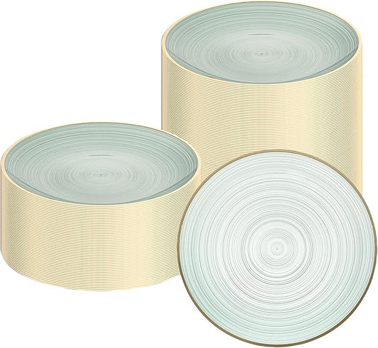 Restaurantware Plastic Plates 20 Pcs 7.25" Gold Rimmed Disposable Plates Heavy-Duty Green Translucent Rippled Plastic Dinner Servers for Party, Weddings, Salads, Desserts, and Appetizers