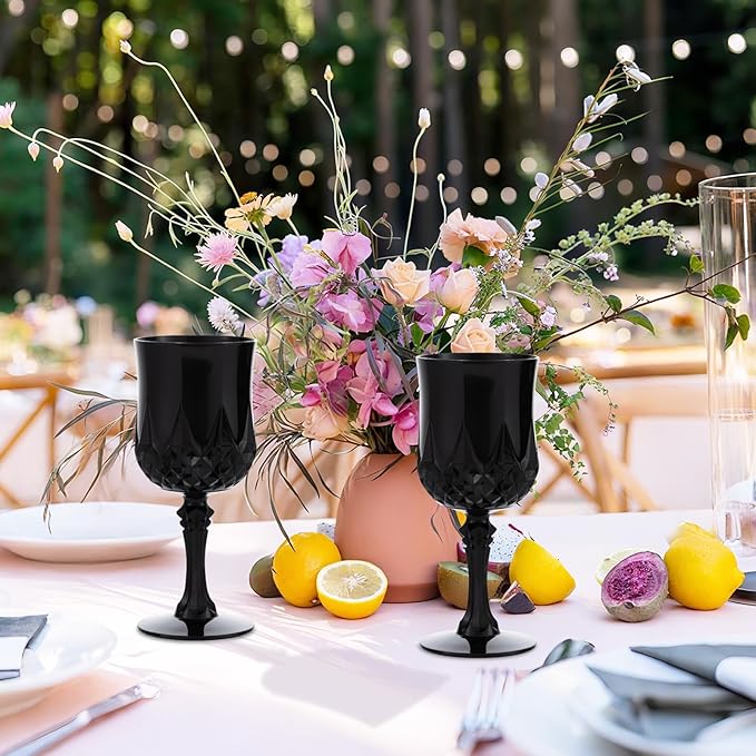 JLYLOL Plastic Vintage Wine Glasses 7OZ Plastic Goblets Vintage Drinking Glasses 12PCS Retro Wedding Glassware Water Goblets Reusable Drinking Cups for Party,Reception,Celebration,Bar,Whiskey(Black)