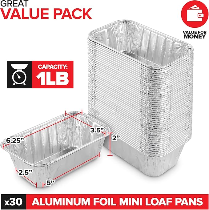 Stock Your Home 1 Lb Aluminum Foil Mini Loaf Pans (30 Pack) Disposable Small Loaf Pan – 1 Pound Baking Tin Liners, Perfect to Bake Cakes, Bread Loaves, and Meat - 6 x 3.5 x 2
