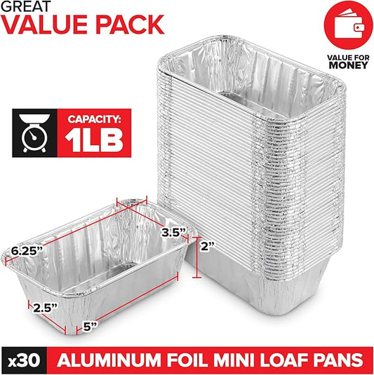 Stock Your Home 1 Lb Aluminum Foil Mini Loaf Pans (30 Pack) Disposable Small Loaf Pan – 1 Pound Baking Tin Liners, Perfect to Bake Cakes, Bread Loaves, and Meat - 6 x 3.5 x 2
