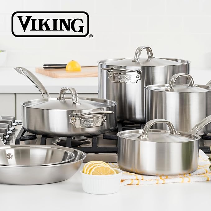Viking 3-Ply Pots and Pans Set, 13 Piece Stainless Steel Cookware, Glass Lids, Strainer, Silver