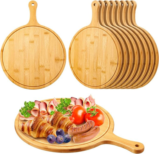 Nuenen 10 Pcs Round Wood Cutting Board with Handle Bamboo Wooden Serving Kitchen Chopping Boards for Pizza, Bread, Cheese, Charcuterie, Fruit, Vegetables(Bamboo)