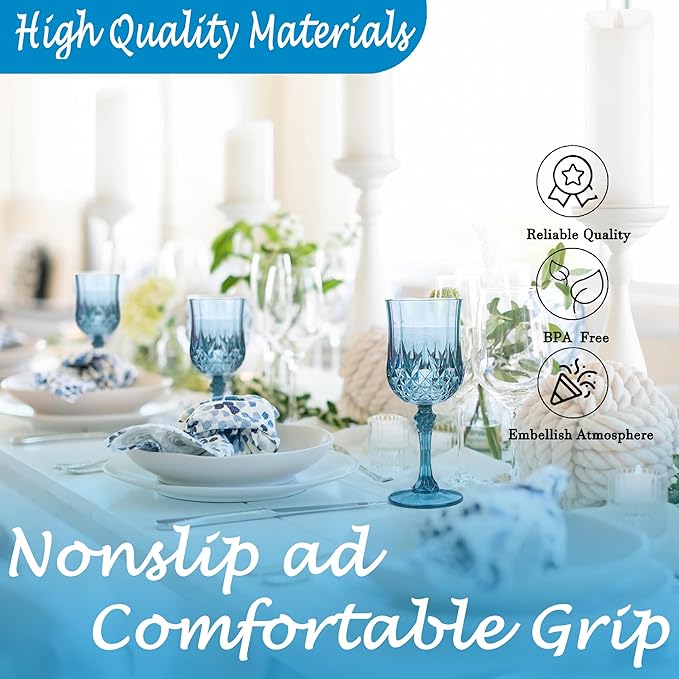 Plastic Wine Glasses,Plastic Goblets Vintage Style Cordial Drinking Glasses for Wedding Reception, Grand Event Party Supplies (48, Dusty Blue)