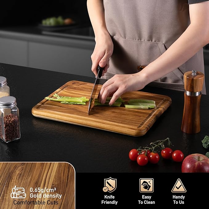 Teak Wood Cutting Board for Kitchen 12inch Charcuterie Board Serving Heavy Duty Non Toxic Slip Over Sink Solid Thick Haus Wooden Chopping Board Large Big Small Meat Best Kitchen Essential Gift