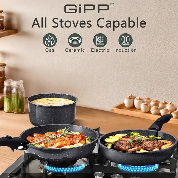 GiPP Ceramic Non Stick Pots and Pans Set,Nonstick Detachable Handle Cookware Sets,Healthy Non Toxic PFAS PFOA & PTFE Free, Dishwasher &Oven Safe, Induction Kitchen Pot and Pan, 8 Piece Grey