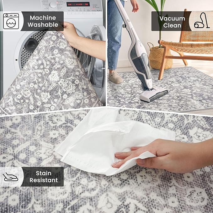 Vintage 3x5 Washable Rug for Entryway, Gray Ivory Super Soft Rug Non-Slip, Printed Faux Wool Floral 3x5 Area Rug Thin Floor Carpet for Kitchen, Bedroom, Office, Living Room