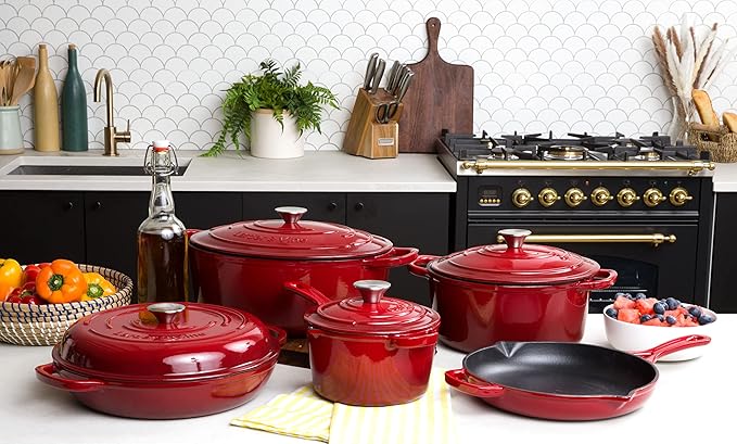 Larder & Vine 9 Piece Enameled Cast Iron Cookware Set, Oven Safe and Compatible with all Cooktops – includes 3.6 Qt Braiser, 5.7 QT and 8 QT Dutch Ovens, 10.25in Skillet and 2.2 QT Saucepan (Cabernet)
