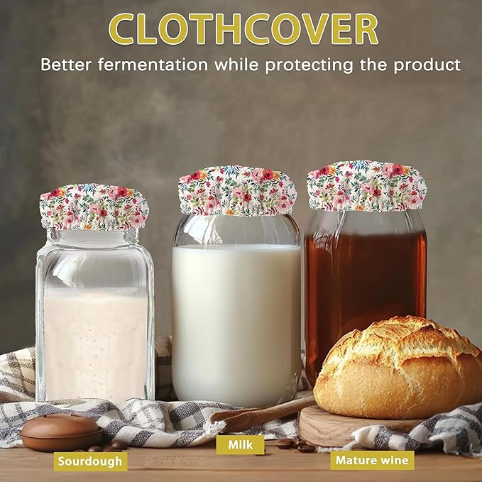 Sourdough Starter Jar Covers,5-Pack Reusable Watercolor Floral Flowers Cloth Lids for 3-4 Inch Jars,Ideal for Kombucha Kefir or Cheese Fermentation