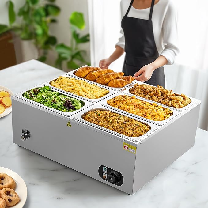 WILPREP Double-Well Commercial Food Warmer with Six 1/3 Pans, Electric Warmer for Food with Adjustable Temp & Automatic Shutoff, Stainless Steel Food Heating Unit for Buffet Food Truck Hotel More