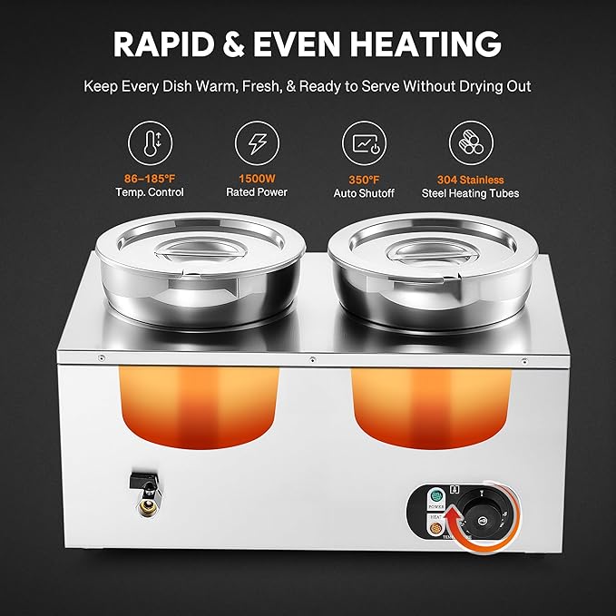 WILPREP Single-Well Commercial Food Warmer with Two 7.4 qt. Inset Pots, Electric Warmer for Food with Adjustable Temp & Auto Shutoff, Stainless Steel Food Heating Unit for Buffet Food Truck Hotel More