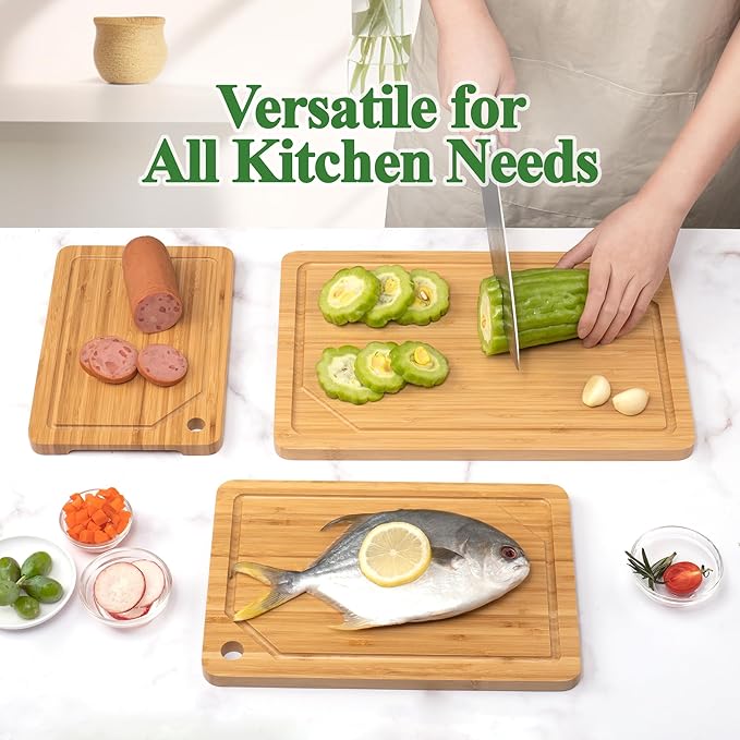 Bamboo Cutting Board For Kitchen, Bamboo Cutting Board Set of 3 with Juice Groove, Double-Sided Chopping Board Serving Board with Hanging Hole for Meat, Vegetables and Cheese