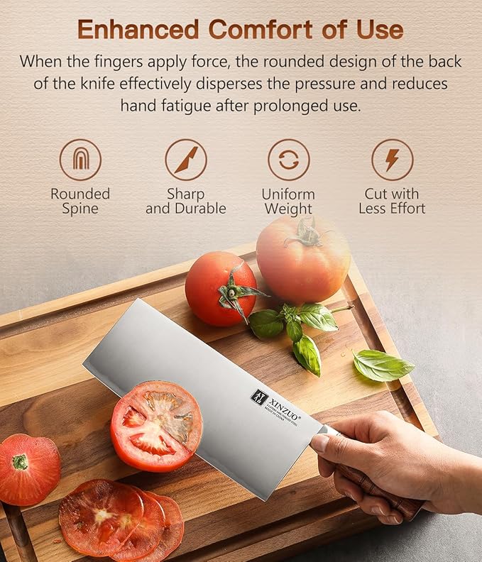 XINZUO 8.1 Inch Professional Chinese Chef Knife,440C Steel Core,Sharp Stainless Steel Vegetable Cleaver Meat Kitchen Square Knife For Precision Slicing, Dicing,Asian Cuisine With Red Wood Handle