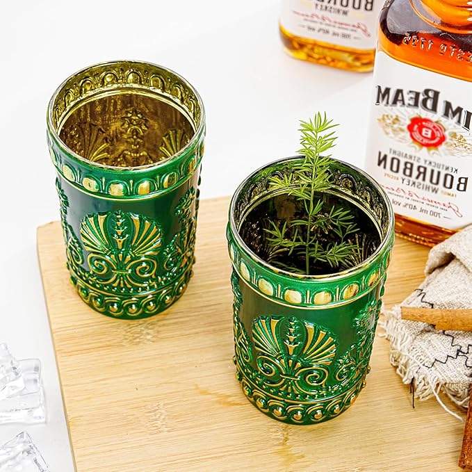 Sungmor Vintage Green and Gold Tumblers - Set of 2 Embossed Glasses, 10.8 oz Decorative Drinking Cups for Water, Juice or Cocktails - Elegant Baroque Glassware for Party or Special Occasions
