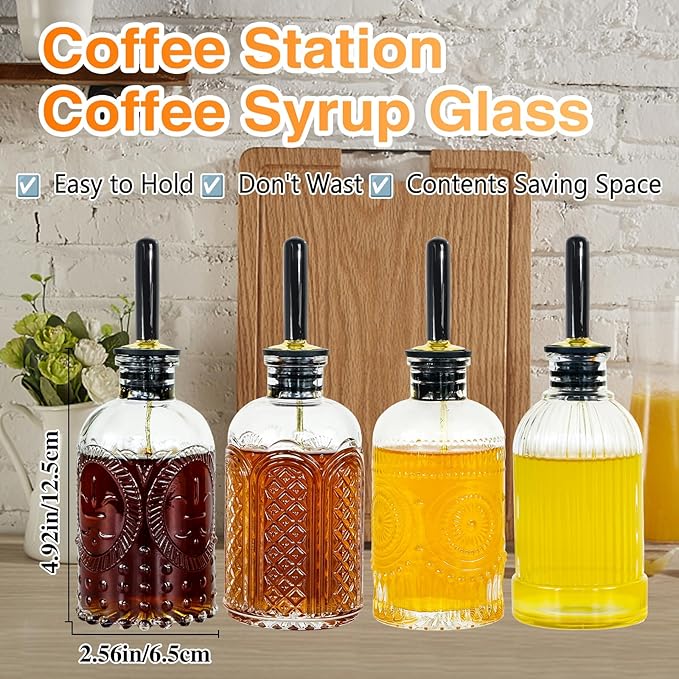 Syrup Dispenser Bottles Set,4 pcs 7oz Glass Coffee Syrup Bottle,Coffee Bar Accessories with Metal Pour Spout Ideal and labels for Coffee Syrups,Coffee bar