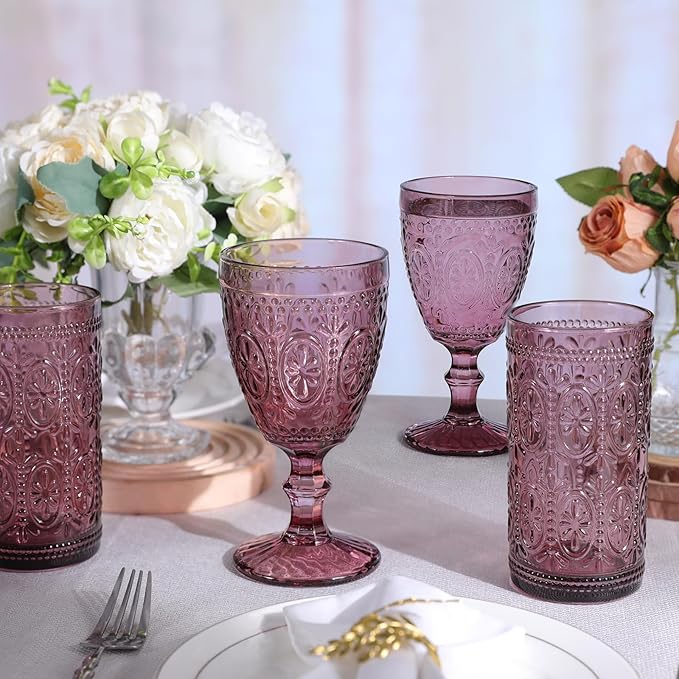 Purple Wine Glasses set of 4, Purple Goblets, Vintage Drinking Glassware, Colored Glassware Set for Party, Home & Wedding