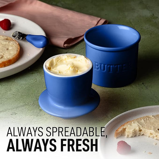 Zulay Kitchen Porcelain Butter Crock With Lid & Knife - Authentic French Butter Dish For Fresh & Spreadable Butter - Blue