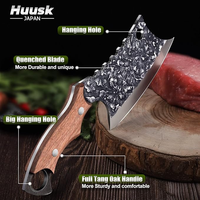 Huusk Japan Knife Hand Forged Meat Cleaver for Meat Cutting Creative Asian Knife for Vegetables Viking Knives with Sheath for Kitchen and Restaurant Use Gifts for Dad Christmas Gift