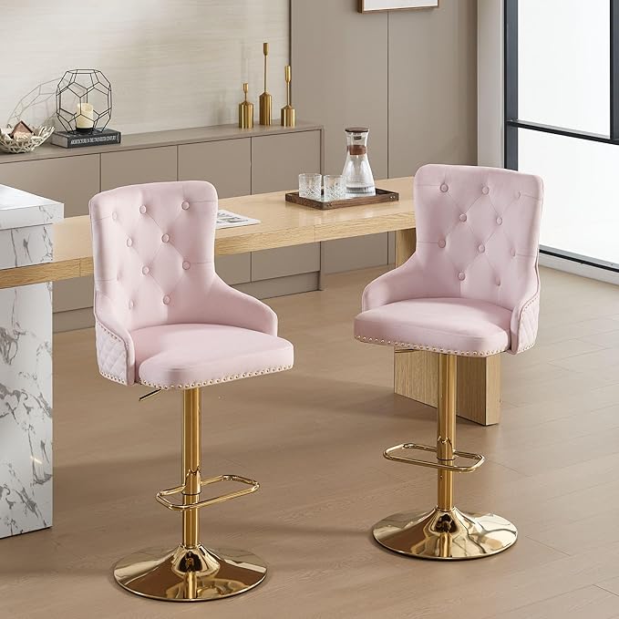 Velvet Gold Barstools Set of 2, Modern Counter Height Adjustable Swivel Stools Chairs with High Tufted Backrest Golden Base Lion Head Pull Ring Diamond Pattern Rivet Trim for Kitchen (Pink)