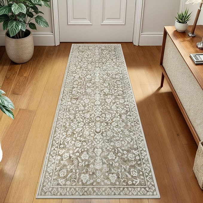 Vintage 2x7 Runner Rug, Beige Washable Runners for hallways, Super Soft Kitchen Runner Rug Non Slip, Print Faux Wool Floral Thin Carpet Runner for Entryway Indoor Bedroom Bedside Runner