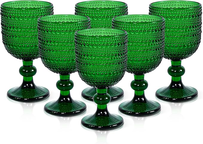 Vintage Wine Glasses Set of 6, 12 OZ Christmas Green Glass Water Goblets, Embossed Floral Decorative Crystal Glass Cups Set, Dishwasher Safe, for Wedding, Party, Red Wine Glass, Bars, Restaurants