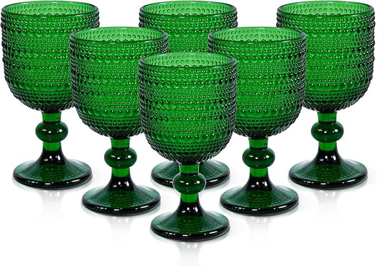 Vintage Wine Glasses Set of 6, 12 OZ Christmas Green Glass Water Goblets, Embossed Floral Decorative Crystal Glass Cups Set, Dishwasher Safe, for Wedding, Party, Red Wine Glass, Bars, Restaurants