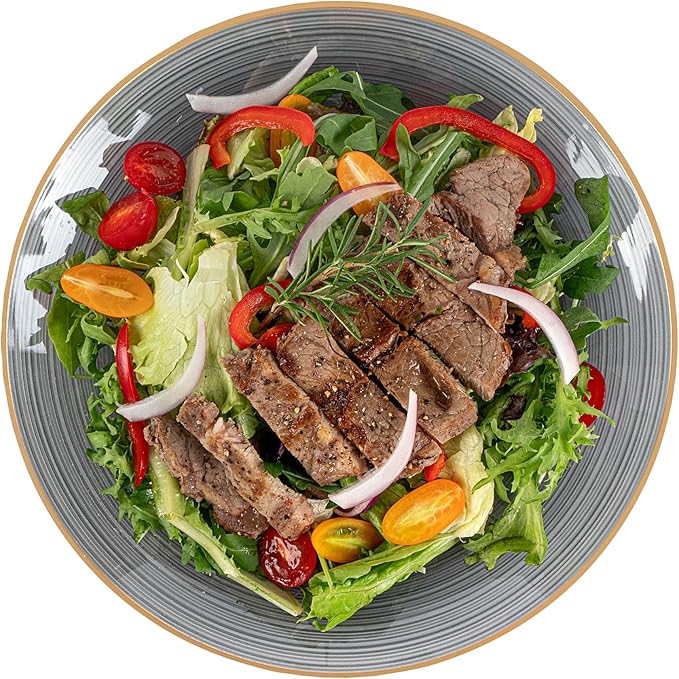 Restaurantware Plastic Plates 20 Pcs 10" Gold Rimmed Disposable Plates Heavy-Duty Black Translucent Rippled Plastic Dinner Servers for Party, Weddings, Salads, Desserts, and Appetizers