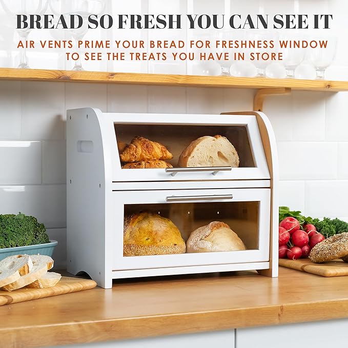 Arise Stylish Bamboo Bread Box for Kitchen Countertop, Extra Large 2-Shelf Wooden Bread Storage Container with Clear Windows and Air Vents Keep Bread, Bagels and Rolls Fresh, Self Assembly
