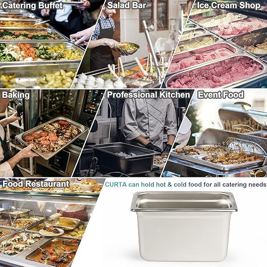 CURTA 6 Pack Anti-Jam Hotel Pans, 1/4 Size 6 Inch Deep, NSF Commercial 18/8 Stainless Steel Chafing Steam Table Pan, Catering Storage Metal Food Pan