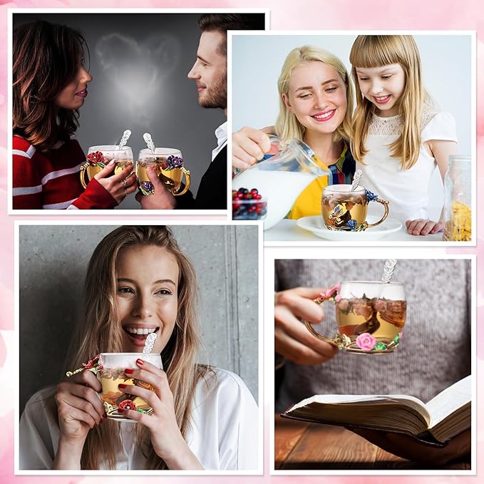 Nuanchu 4 Sets Flower Glass Tea Cups with Lids and Spoon Butterfly Vintage Glass Coffee Mugs Floral Fancy Clear Teacup for Christmas Women Mom Wife Girlfriend(Pink, Purple, Blue, Red,11 Oz,12 oz)